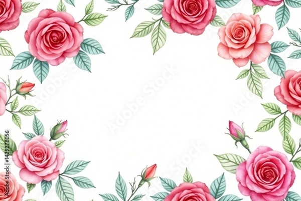Fototapeta Delicate watercolor roses & leaves, repeating pattern, floral, seamless, floral pattern