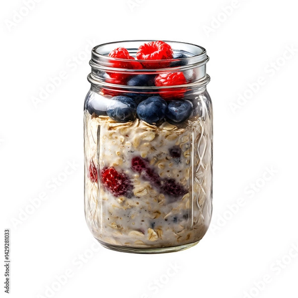 Fototapeta wide angle image of a mason jar filled with overnight oats and berries, isolated on white background, no shadows