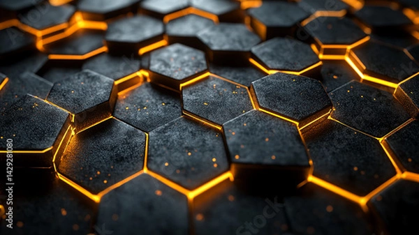 Fototapeta Abstract Hexagonal Texture with Glowing Orange Edges and Dark Stone Surface