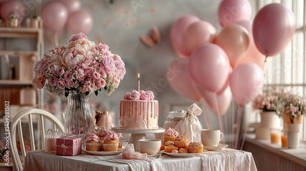 Obraz The image shows a birthday party setup with a pink cake adorned with flowers, a large bouquet of pink flowers, and a table filled with various pastries and a cup of tea
