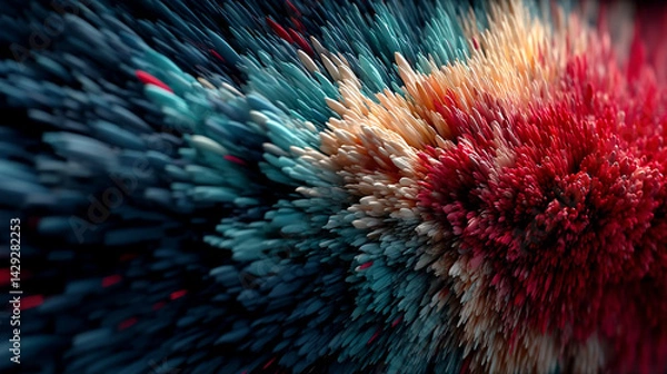 Fototapeta Abstract red, pink, and blue energy burst fills the entire background, symbolizing speed, motion, and creative force—like a lightspeed journey through emotion, technology, and transformation.

