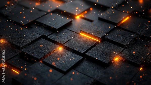 Obraz Dark Cubes Pattern with Orange Light Streaks and Dotted Glowing Particle Effects