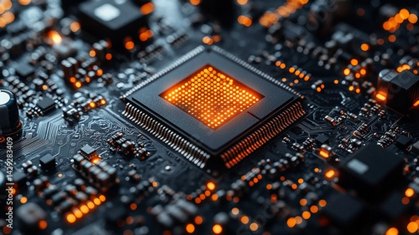 Obraz Dark Motherboard with Microchips, Circuits and Orange Glowing Elements