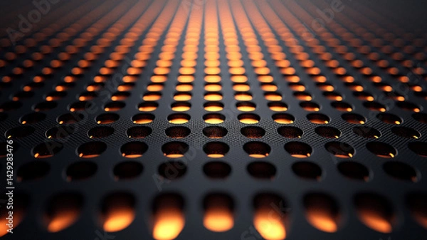Obraz Dark textured metal surface with orange backlighting shines through an array of holes