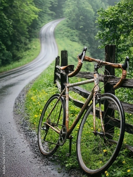 Fototapeta Rusty road bicycle leaning against wooden fence near rain-slick curving road with green foliage and wildflowers