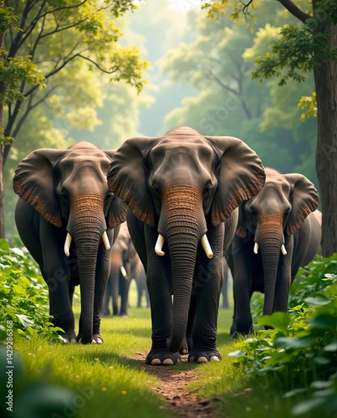 Obraz Elephants stroll in a serene forest path surrounded by vibrant greenery, illuminated by soft morning light. The majestic animals display calm and grace as they move together.