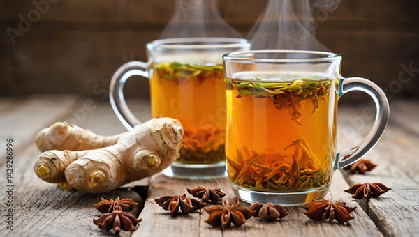 Fototapeta Two steaming glasses of herbal tea infused with fresh ginger and dried herbs, evoking warmth, wellness, and natural relaxation in a soothing setting.