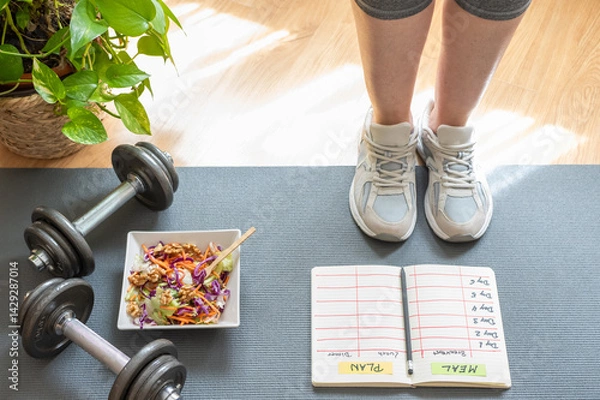 Fototapeta Fitness woman standing on a mat, surrounded by a weekly meal plan, dumbbells, and a vibrant salad, embracing a commitment to a balanced and healthy lifestyle