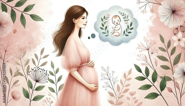 Fototapeta A smiling pregnant woman imagines her future baby, surrounded by soft flowers and greenery. Generated AI.
