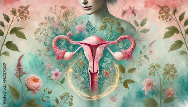 Fototapeta A surreal female figure with uterus and ovaries entwined in flowers, symbolizing femininity, fertility, and natural beauty. Generated AI.