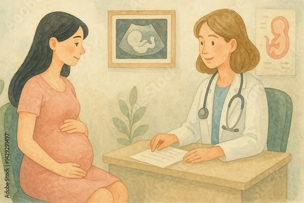 Fototapeta A pregnant woman speaks with a doctor in a clinic, with ultrasound images visible in the background. Generated AI.