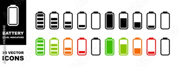 Obraz Battery icon set. Battery charge indicator. Battery charging sign and symbol.