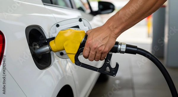 Fototapeta Man's Hand Refueling White Car at Gas Station With Yellow Nozzle for Transportation