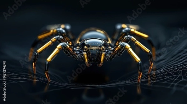 Fototapeta A spider with gold legs and a gold head is standing on a black background