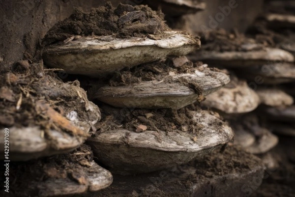 Fototapeta Close-up of wild mushrooms growing in soil with natural textures and earthy tones
