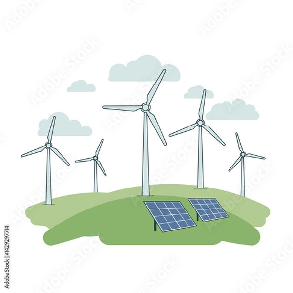 Fototapeta Wind turbines and solar panels on green hill with clouds on white background for renewable energy concept