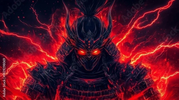 Fototapeta An intimidating samurai warrior with fiery eyes and powerful armor, emanating intense energy