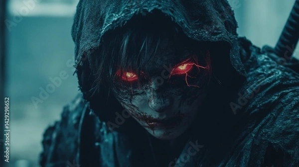 Fototapeta A menacing figure with glowing red eyes, shrouded in a dark hooded cloak, stares intently