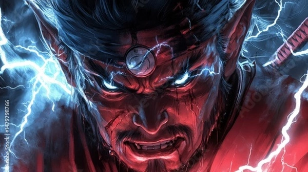 Fototapeta A powerful demon with glowing red eyes, snarling with sharp teeth, and crackling lightning bolts surrounding his head.