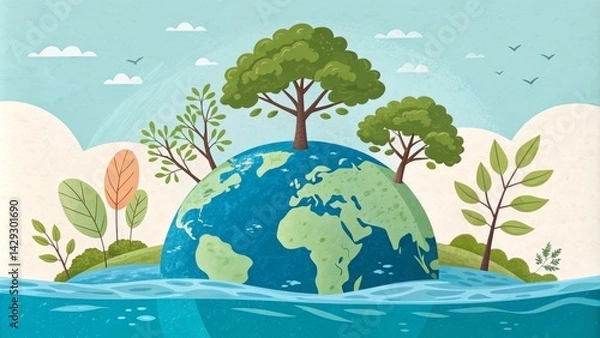 Obraz Earth Day Illustration Cartoon Globe with Trees, Watercolor Style, Nature Concept,Save the Planet Environment, Ecology
