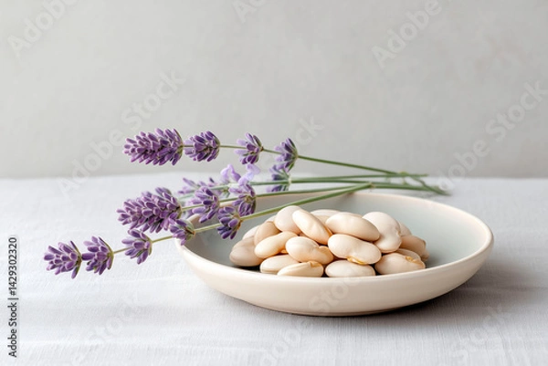 Fototapeta White fava beans in ceramic bowl with fresh lavender flowers on soft white tablecloth background