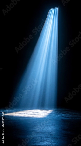 Fototapeta Bright light pours through an open door into a dark room, symbolizing breakthrough moments, new opportunities, and the path to success against a minimalist, mysterious background.

