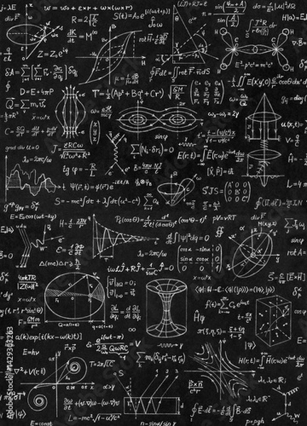 Obraz Wide board with scientific formulas and calculations in physics and mathematics. Scientific and educational background.