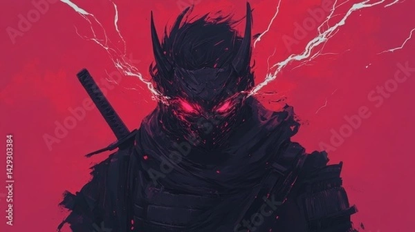Fototapeta A fierce warrior with glowing red eyes and lightning in the background