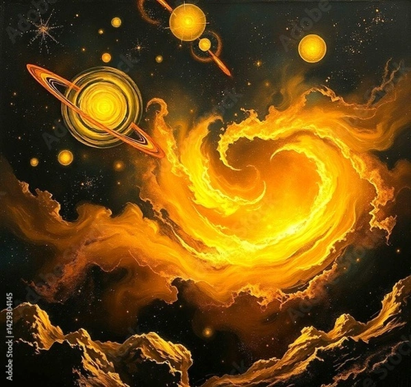Fototapeta A gold space scene with  in oil painting style,