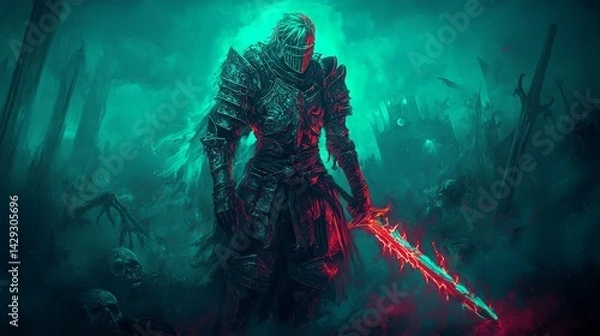 Fototapeta A mysterious knight stands heroically with a fiery sword in a dark and eerie forest. The knight is shrouded in shadow, and the background is filled with a sense of dread and foreboding.