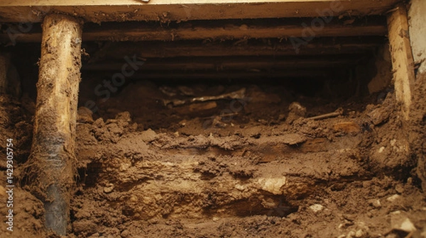 Obraz Dimly lit crawl space with exposed wooden beams and uneven soil, symbolizing hidden structural problems, foundation instability, and the unseen risks beneath the surface of a home.


