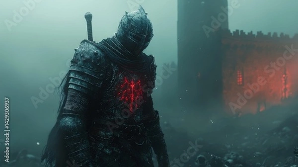 Fototapeta A solitary knight stands amidst a desolate battlefield, his armor worn and weathered. The mist hangs heavy in the air, shrouding the scene in an ethereal glow.