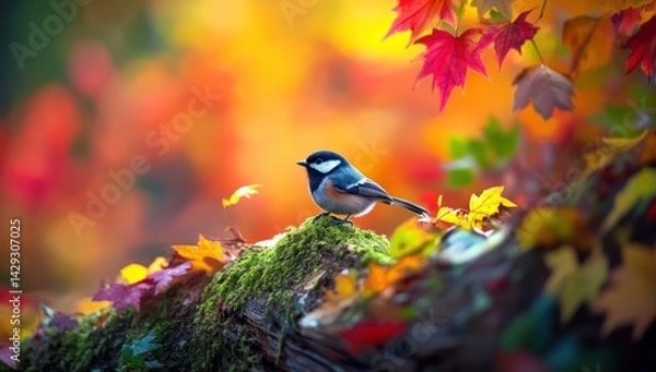 Obraz Autumn Serenity: A Bird's Perch Amidst Vibrant Fall Foliage