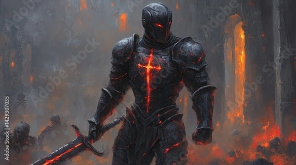 Fototapeta A knight stands tall amidst the ruins of a war, his armor glowing with an ominous red light