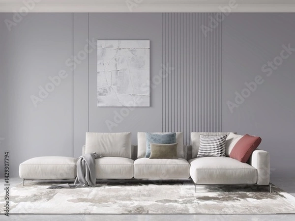 Fototapeta Mock up of a stylish living room with an original comfortable sofa and a modern decorative background, 3D rendering.