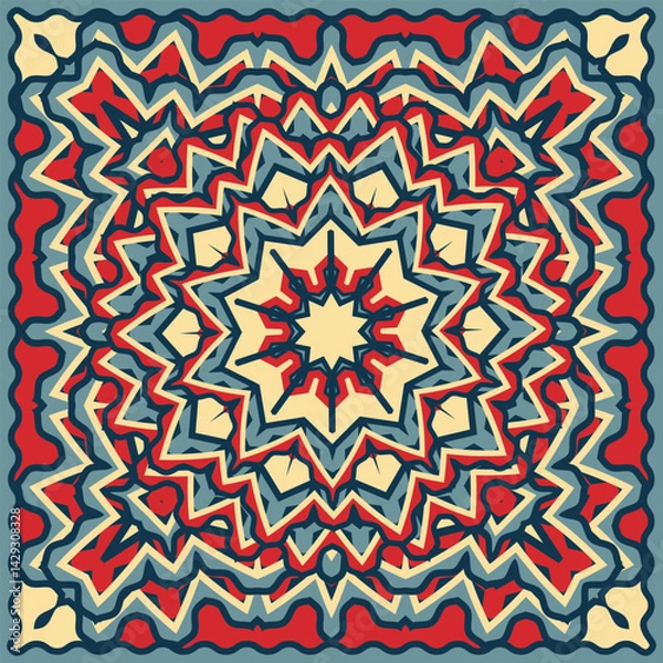 Fototapeta Four-color bandana with original circular ornament, mandala. Design for neck scarf, tablecloth, blanket or other. Vector illustration