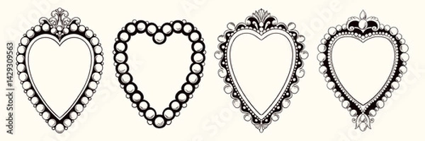 Obraz Heart-shaped vintage frames with ornate details and pearl borders. Coquette style with romantic shapes and elegant decorative accents.