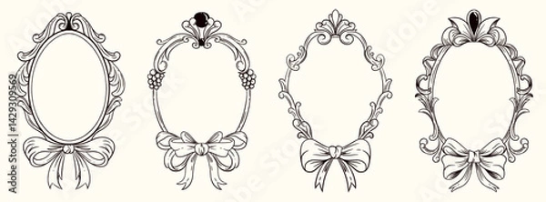 Obraz Collection of ornate oval frames with vintage baroque elements and decorative bows. Coquette-inspired detailing with elegant and romantic flair.