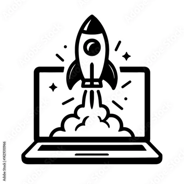 Obraz Vector illustration of a rocket launching upwards from a laptop computer with smoke and stars in black and white. Represents startup, technology, and rapid growth.