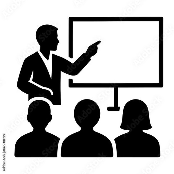 Obraz Vector silhouette illustration of a presenter pointing to a screen or whiteboard with an audience in black and white. Represents presentation, training, and education.