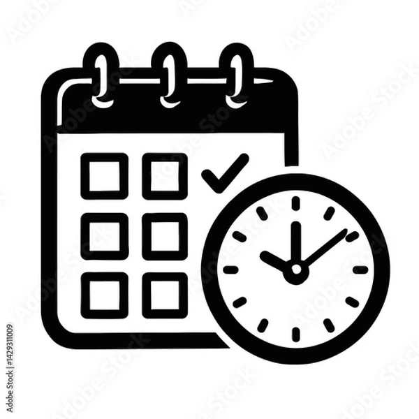Obraz Vector illustration of a calendar with a checkmark and a clock in black and white. Represents scheduling, appointments, and time management.