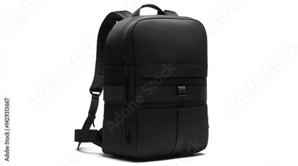 Fototapeta Urban black backpack with bold geometric graphic design, padded shoulder straps, and multiple zippered compartments, isolate on white background