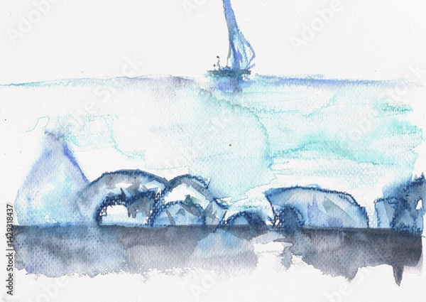 Obraz A meditative watercolor seascape capturing stillness, solitude, and spiritual reflection, hand-made watercolor