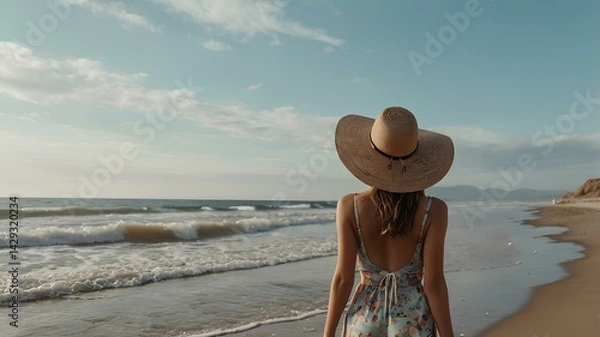 Fototapeta Girl from behind with a hat on her head on the beach looks at the sea.
