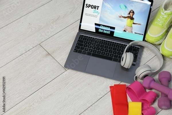 Fototapeta Laptop with sport blog web site and different gym stuff on floor, above view. Space for text
