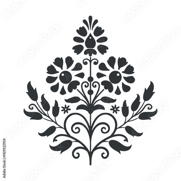 Fototapeta Vector linocut floral poster template. Modern trendy minimal style. Black and white colors. Botanical blockprint. Folk art design for wallpaper, wall decor, print, postcard, cover, template.
