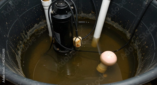 Fototapeta Sump Pump System with Black Plastic Basin Water Pipes and Electrical Cord Maintenance