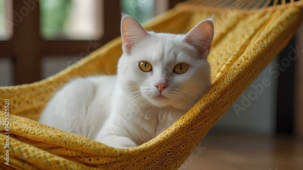 Fototapeta Beautiful white cat lie in a yellow fabric hammock