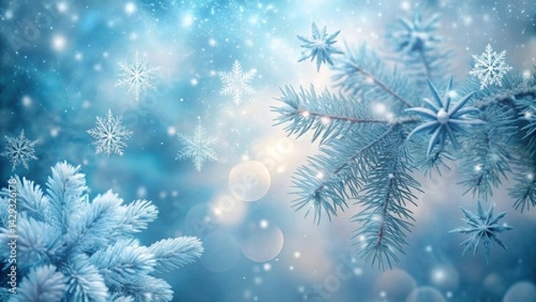 Fototapeta Winter Wonderland Frosty Branches and Falling Snowflakes in a Serene Blue Landscape