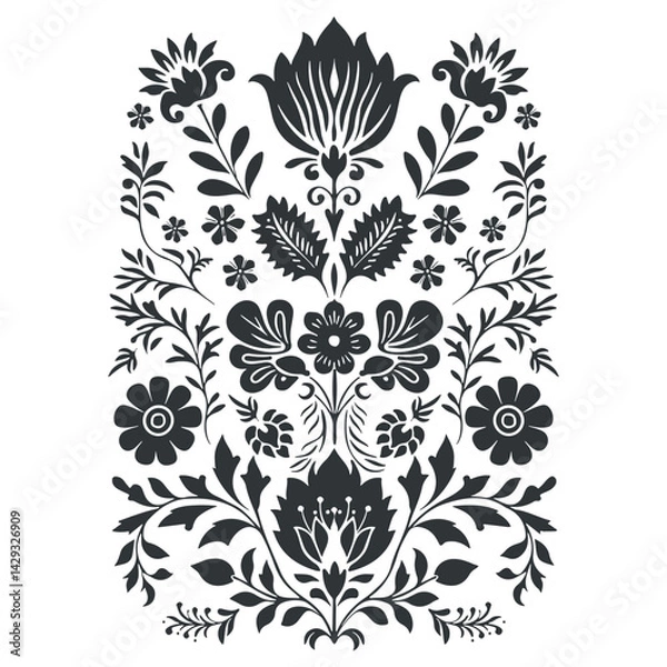 Obraz Vector linocut floral poster template. Modern trendy minimal style. Black and white colors. Botanical blockprint. Folk art design for wallpaper, wall decor, print, postcard, cover, template.